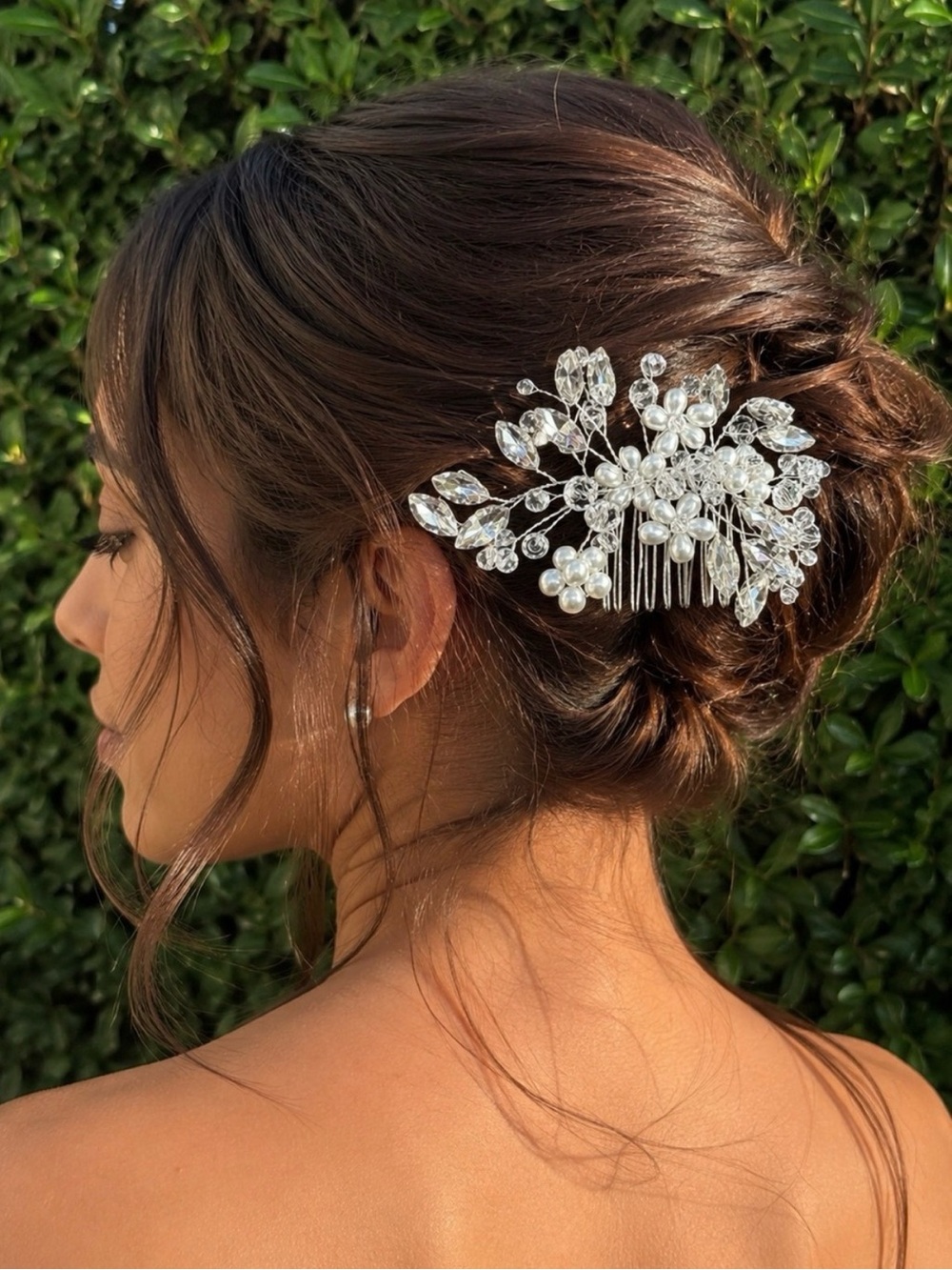 Crystal & Pearl Bridal Hair Comb - Silver Floral Accent